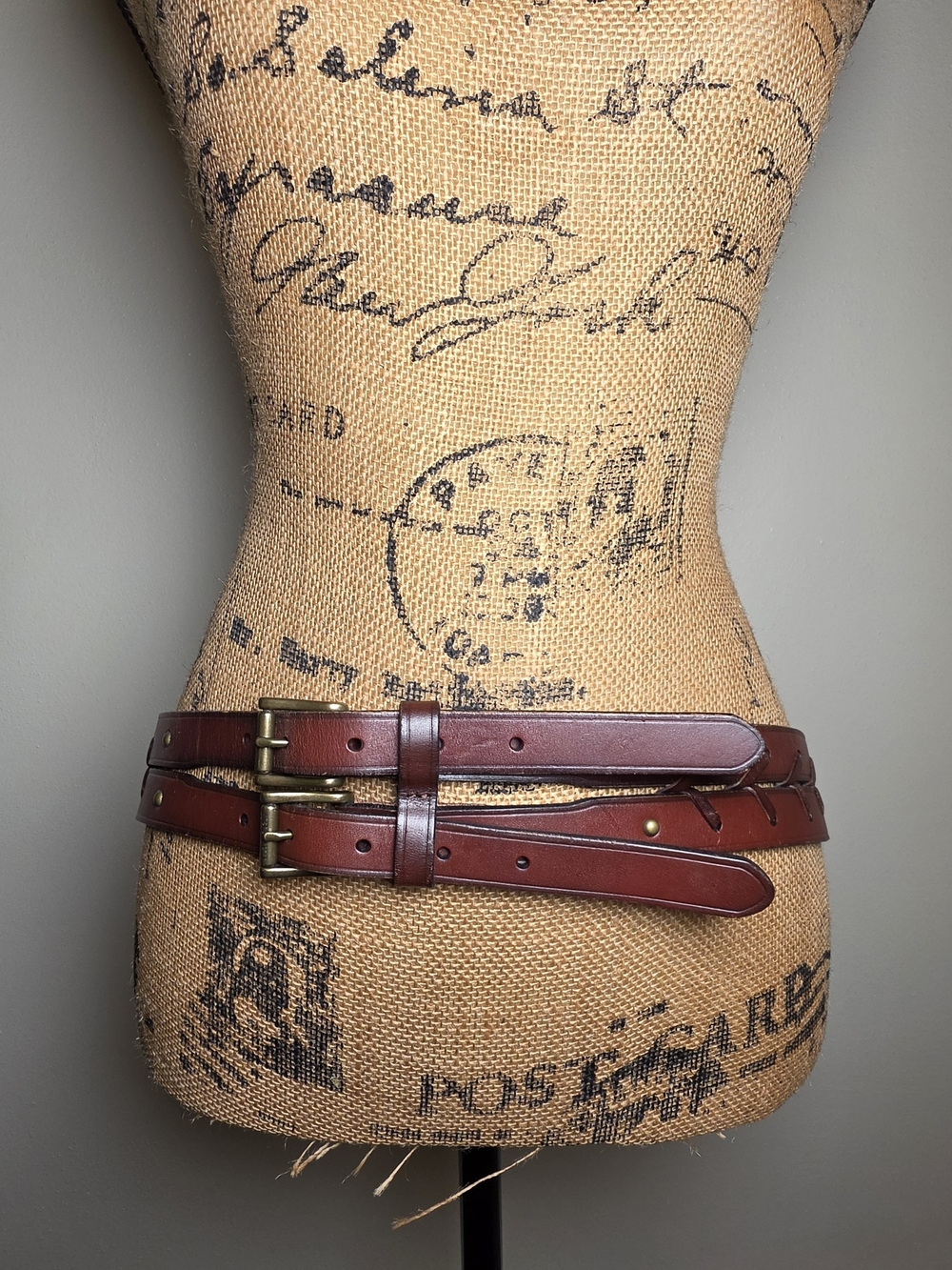 Lauren Ralph Lauren Double Wrap Brown Leather Waist Belt with Brass Buckles